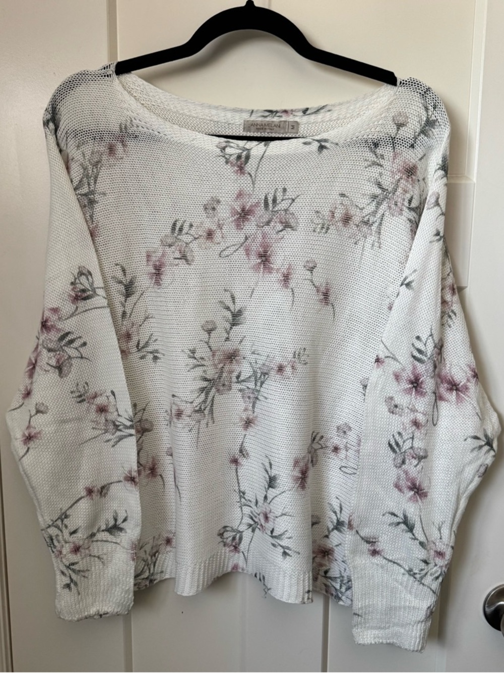 White Floral Crewneck Sweater with Pink Blossoms